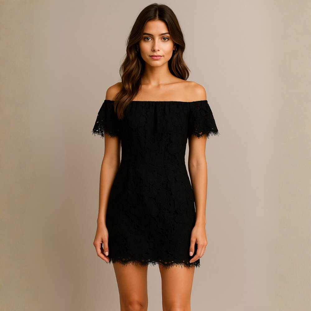 Gab + Kate Black Off Shoulder Lace Mini Dress, Romantic LBD, Size Small, NWT